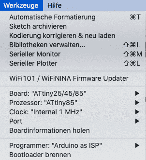 Auswahl des Attiny85 in der IDE