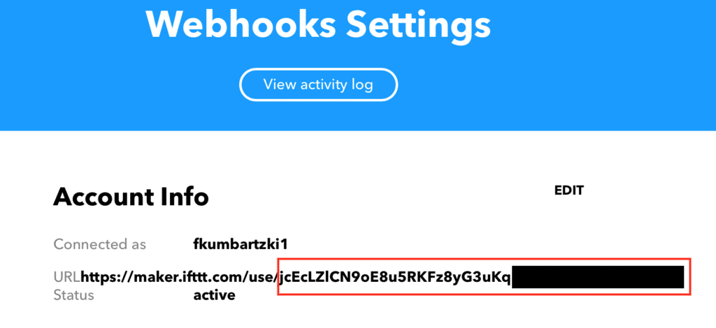 Webhook Einstellungen auf IFTTT