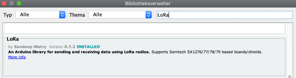 LoRa Bibliothek im Arduino Bibliotheksmanager