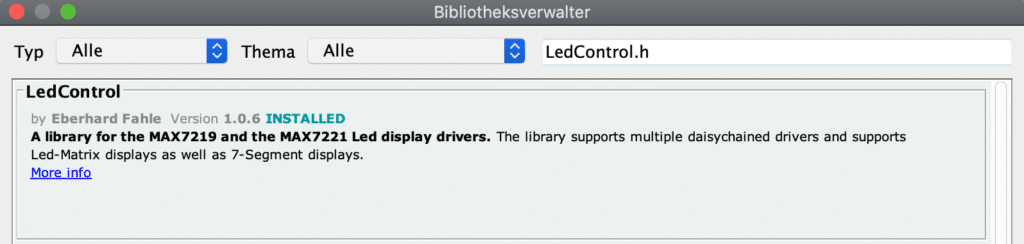 Bibliothek LedControl.h im Bibliotheksverwalter, um die 7-Segment-Anzeige zu steuern