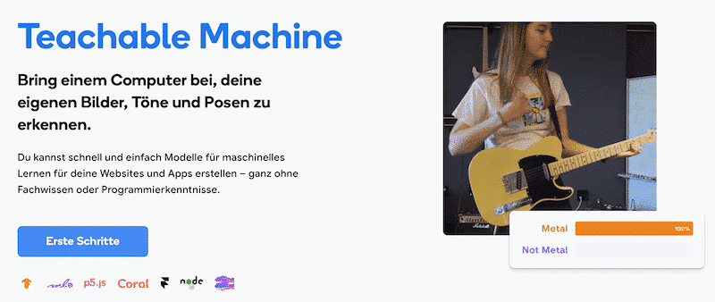 Homepage von Teachable Machine