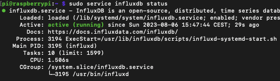 Ausgabe im Terminal, dass InfluxDB aktiv ist