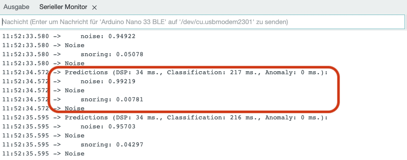 Ausgabe des Schnarchstoppers im seriellen Monitor